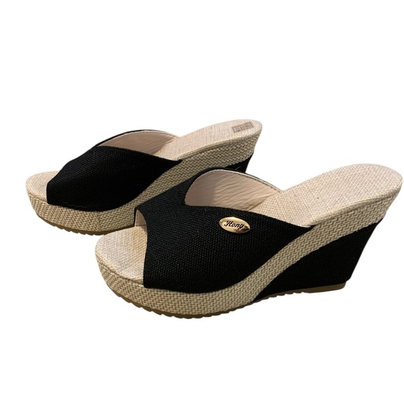 Hong Black Raffia Jute Wedge Espadrille Platform Sandals Size 39 - Picture 1 of 9